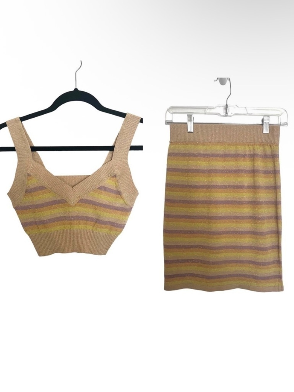 Tularosa Metallic Stripe Ribbed Knit Rhythm Skirt and Tank Top 2 Piece Set Small